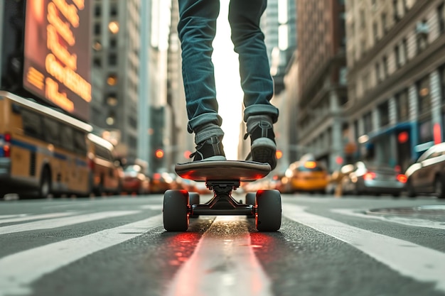 Foto patineta eléctrica con motores eléctricos incorporados para la propulsión patineta en una calle de una gran ciudad