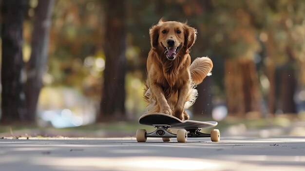 Foto una patineta de golden retriever en la carretera con una sonrisa dentada en la cara