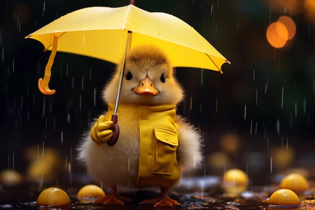 Patinho amarelo bonito sob a chuva segurando um guarda-chuva