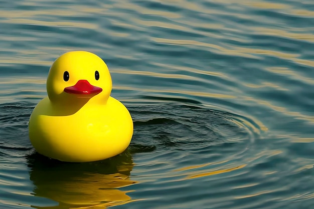 Patinho de borracha amarelo flutuando na água