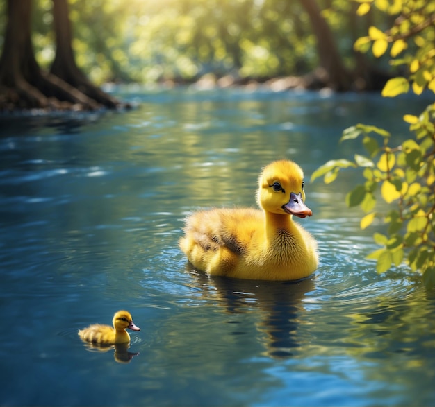 Foto patinho nadando na água com patinhos amarelos ao fundo