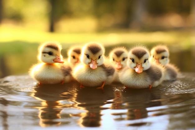 Foto patinhos em uma rocha na água de um lago