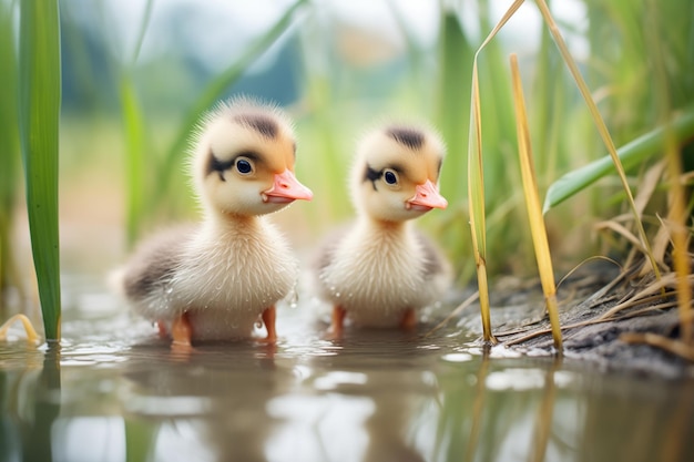 Foto patinhos vadeando em uma lagoa de fazenda