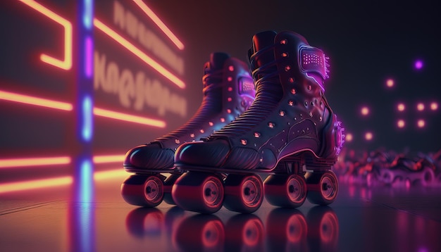 Patins ai generativos no estilo cyberpunk disco nostálgico anos 80 anos 90 luzes noturnas neon vibrantes