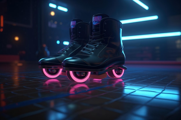 Patins AI generativos no estilo cyberpunk disco nostálgico anos 80 anos 90 Luzes noturnas neon vibrantes