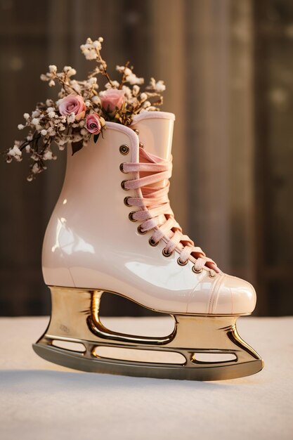 Patins brancos com lâminas douradas e laços rosa decorados com flores e galhos contra um fundo de cortina Formato vertical