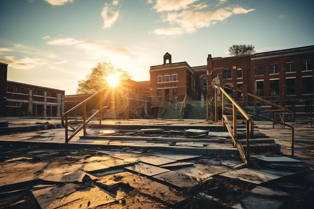 El patio abandonado de la escuela al amanecer