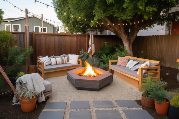 Patio al aire libre con área de descanso acogedora, brasero y macetas con plantas para las noches de verano