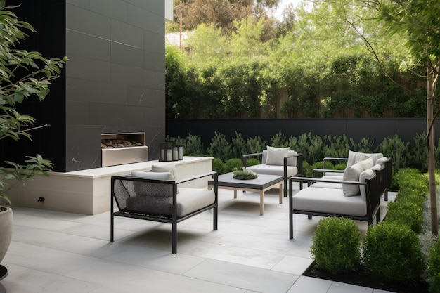 Patio al aire libre contemporáneo con muebles elegantes, vegetación y chimenea al aire libre