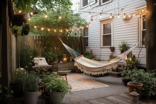 Patio al aire libre con lámparas de hamaca y plantas en macetas para una escapada serena