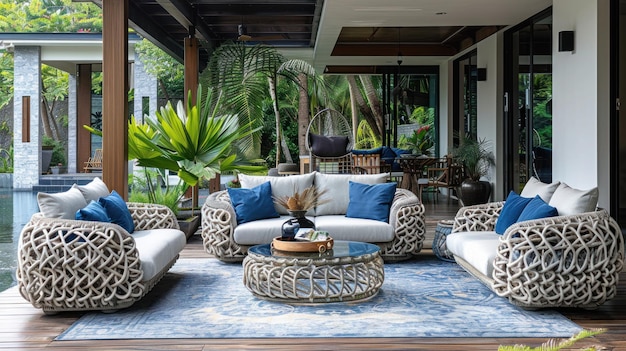 Patio al aire libre de lujo con muebles de mimbre y almohadas azules