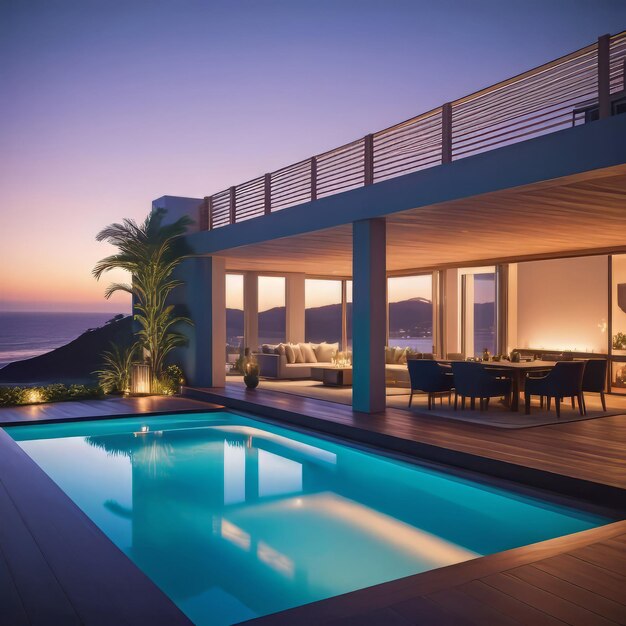 Patio al aire libre y piscina pequeña en un edificio residencial moderno por la noche con iluminación y océano