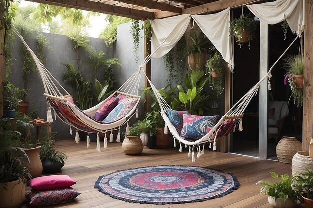 Foto pátio ao ar livre boho com hamacas penduradas e têxteis bohemios