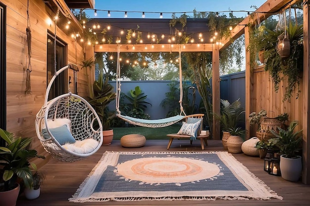 Foto patio ao ar livre boho com uma cadeira de hamaca pendurada e luzes de corda