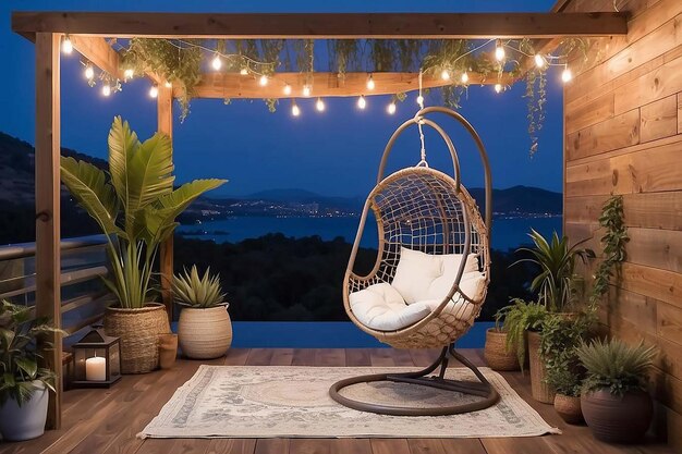 Patio ao ar livre boho com uma cadeira de hamaca pendurada e luzes de corda