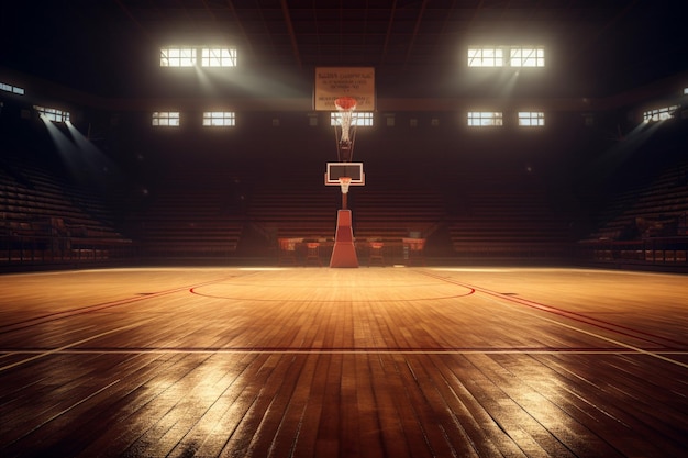 Patio de baloncesto vacío con luces y reflectores Renderización 3D