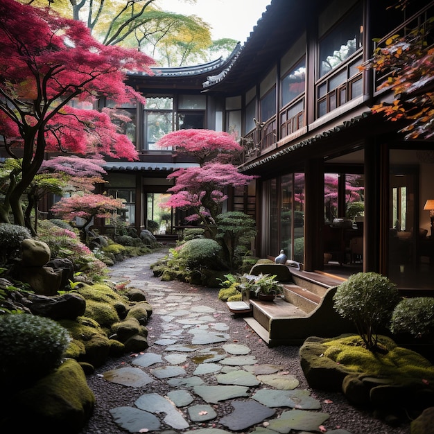 Patio de una casa tradicional japonesa con jardín paisajístico