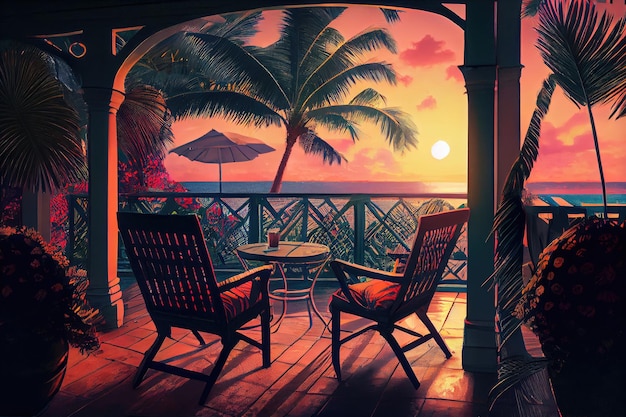 Foto pátio com espreguiçadeiras e bebida tropical contra o pôr do sol criado com ai generativa