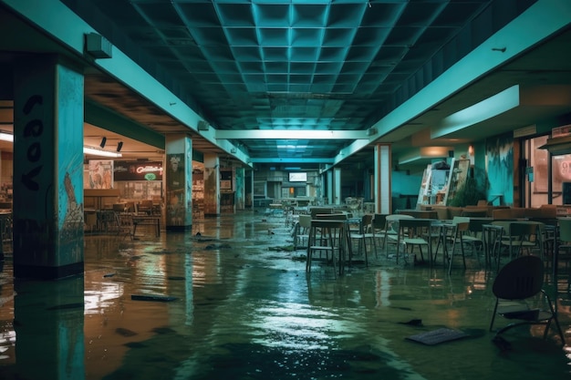 Un patio de comidas inundado y abandonado creado con IA generativa