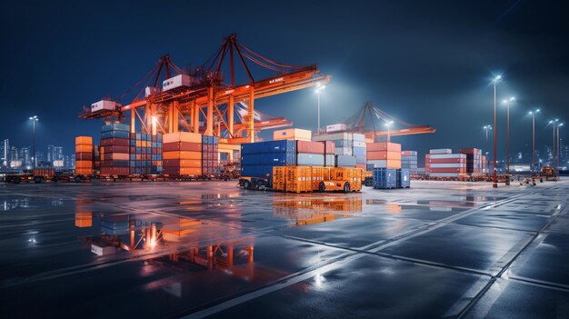 Patio de contenedores industriales para negocios logísticos de importación y exportación en el concepto nocturno ai