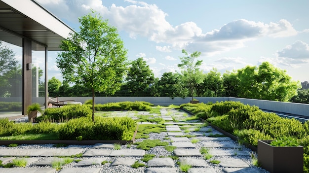 Patio cubierto Camino de piedra Jardín en la azotea de la Universidad Verde pacífico