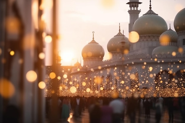 Foto pátio da mesquita cheio de pessoas celebrando islâmica islâmica