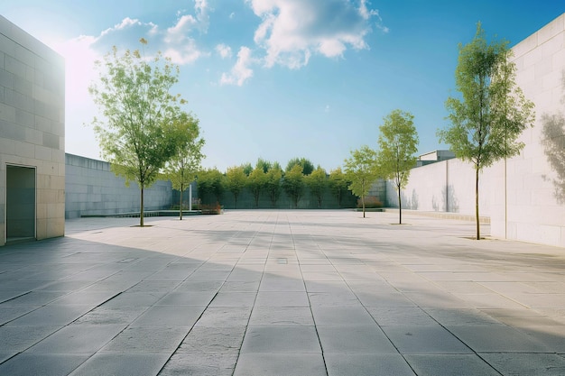 Foto el patio de un edificio moderno de hormigón con suelo de ladrillo y fondo de cielo