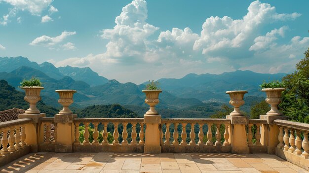 Patio elegante com vistas panorâmicas das montanhas e céu ensolarado