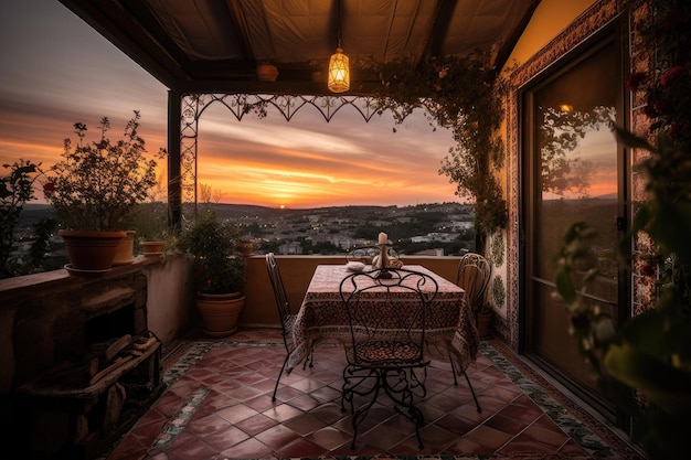 Un patio embaldosado con vista a la puesta de sol para una cena romántica al aire libre creada con inteligencia artificial generativa