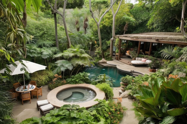 Patio de ensueño con piscina y jacuzzi rodeado de exuberante vegetación