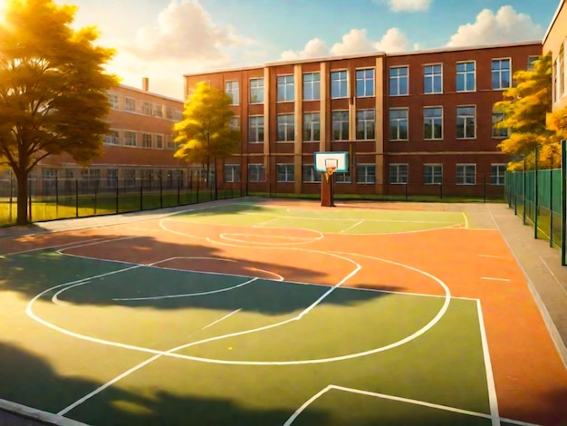 El patio de la escuela con la cancha de baloncesto y el exterior del edificio de la escuela en la noche soleada