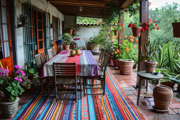 Un patio con un estilo mexicano y una alfombra colorida
