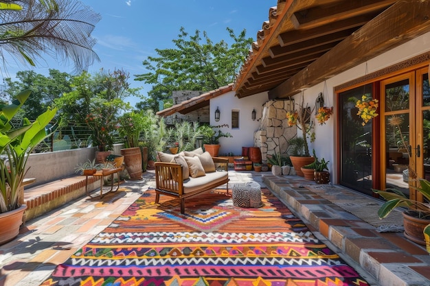 Un patio con un estilo mexicano y una alfombra colorida