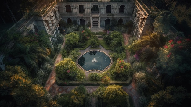 Un patio con una fuente y árboles al fondo.