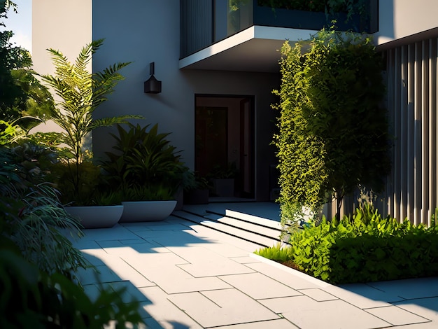 Un patio con una jardinera y una casa al fondo