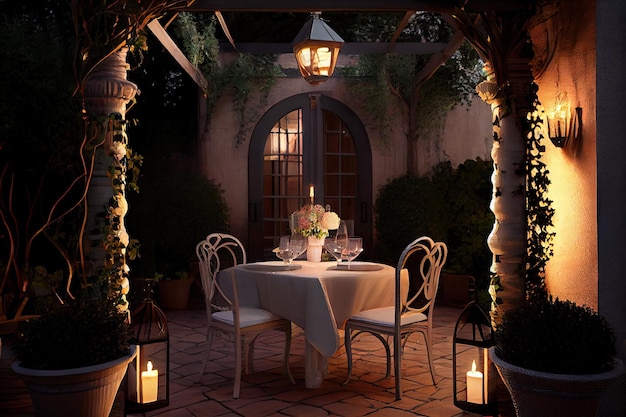 Patio con juego de comedor al aire libre listo para una velada romántica creada con aire generativo