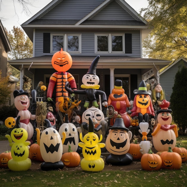 Un patio macabramente decorado con personajes inflables de Halloween