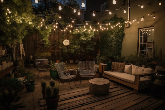 Patio con macetas con plantas, guirnaldas de luces y cómodos asientos