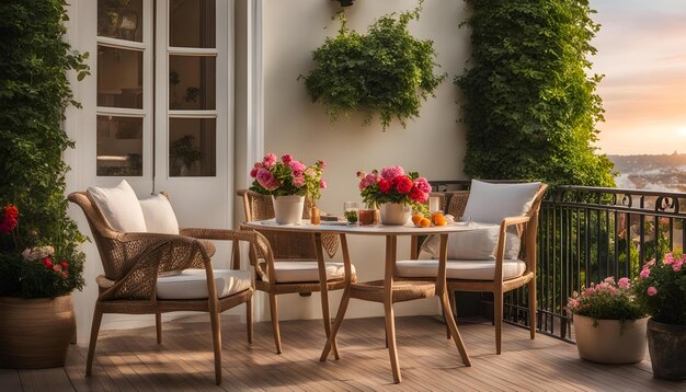 Foto un patio con una mesa y sillas y flores en la mesa