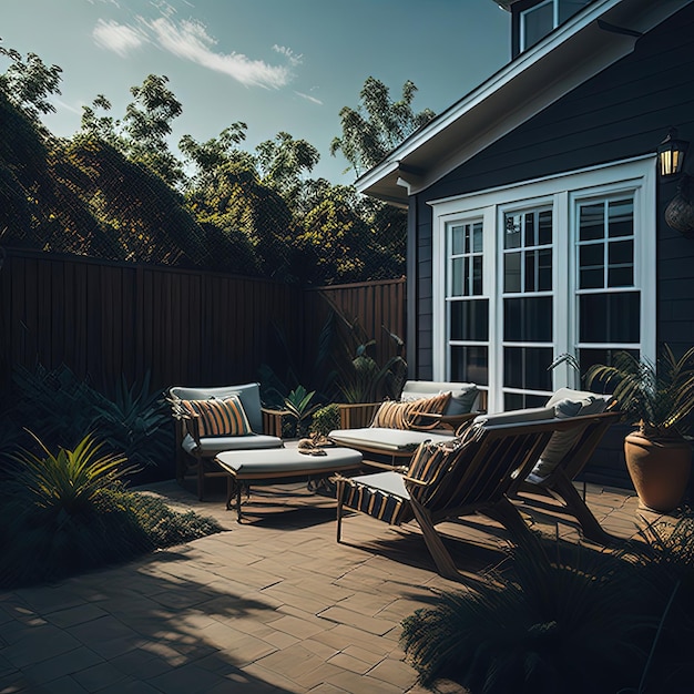 Un patio con mesa y sillas y una jardinera al costado.