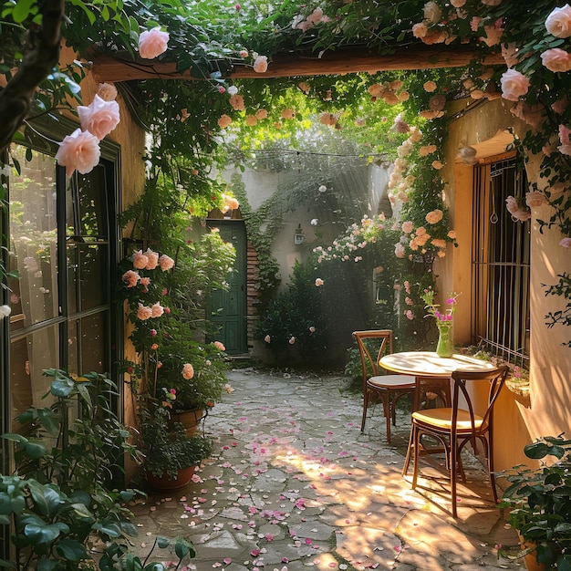 Un patio con una mesa y sillas y un ramo de flores en la pared y una mesa y silla