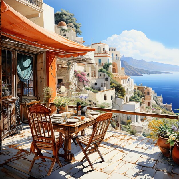 un patio con una mesa y sillas y una vista del océano