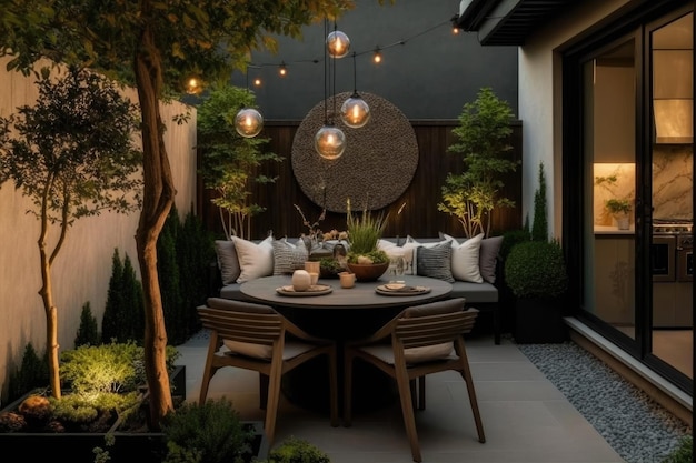 Pátio moderno bonito com mobiliário de exterior elegante e iluminação criada com IA generativa