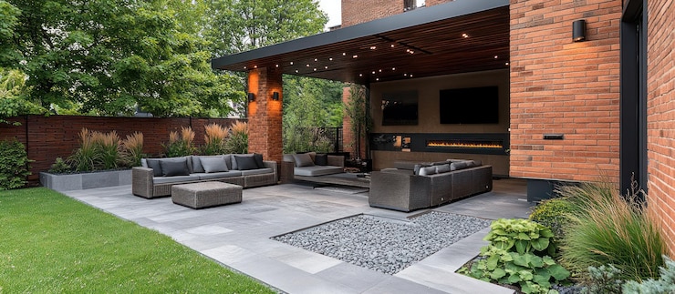 Foto patio moderno con sofás grises y una chimenea bajo una pérgola con luces de cuerda