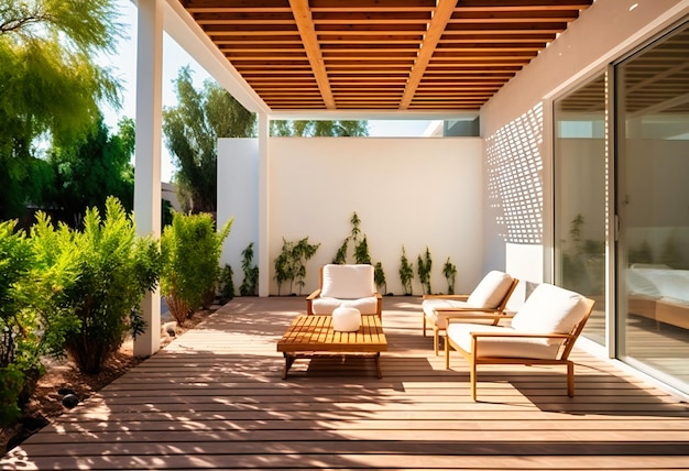 Patio con muebles de mimbre blanco en el patio exterior