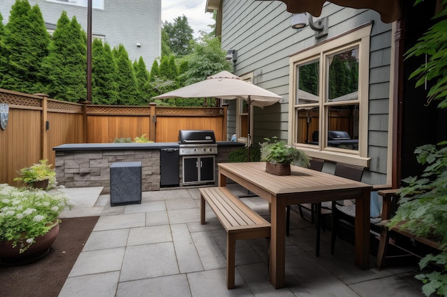 Patio con parrilla y área de descanso lista para fiestas de verano