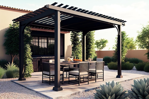 Un patio con una pérgola y una mesa con sillas