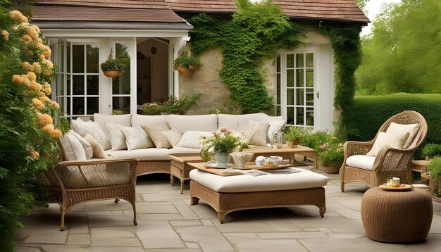 Foto un patio con una puerta blanca y una silla de mijo y una mesa de mijo