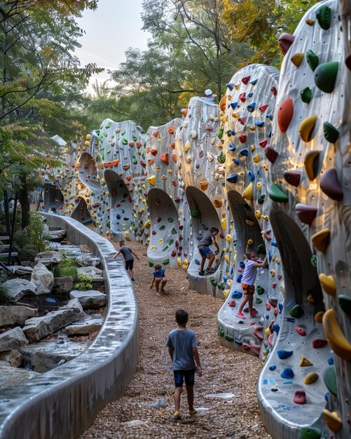 Foto un patio de recreo con una pared de escalada en el fondo