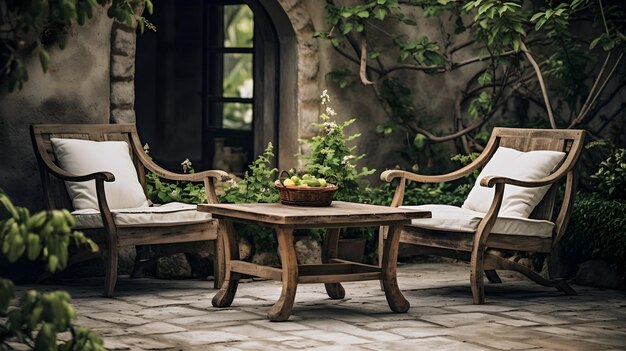 Patio rústico con muebles de madera desgastados que capturan la esencia del encanto del campo